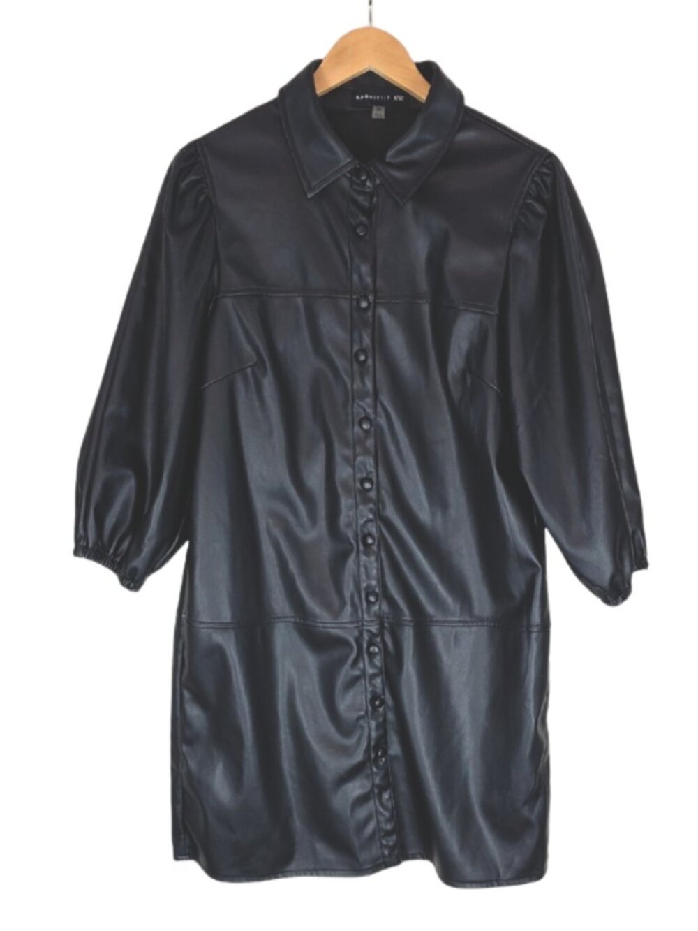 Bagatelle NYC Black Faux Leather Button-Front Shirt Dress Puff Sleeve Midi Sz M